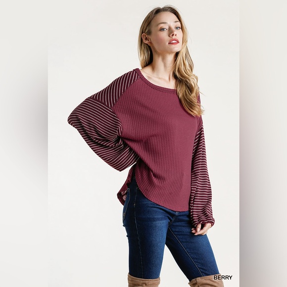 NWT UMGEE Striped Ribbed Sleeve Wide Round Neck Waffle Knit Top - Picture 1 of 3